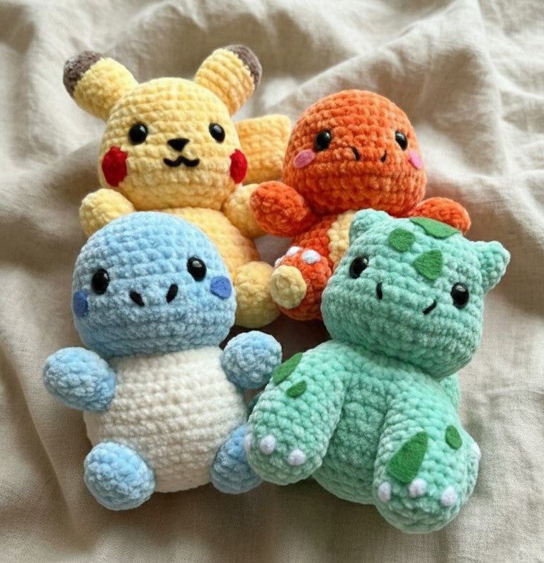 4in1 Pokémon-Inspired Amigurumi Crochet Pattern Bundle - PDF Download - Pikachu, Charmander, Squirtle & Bulbasaur
