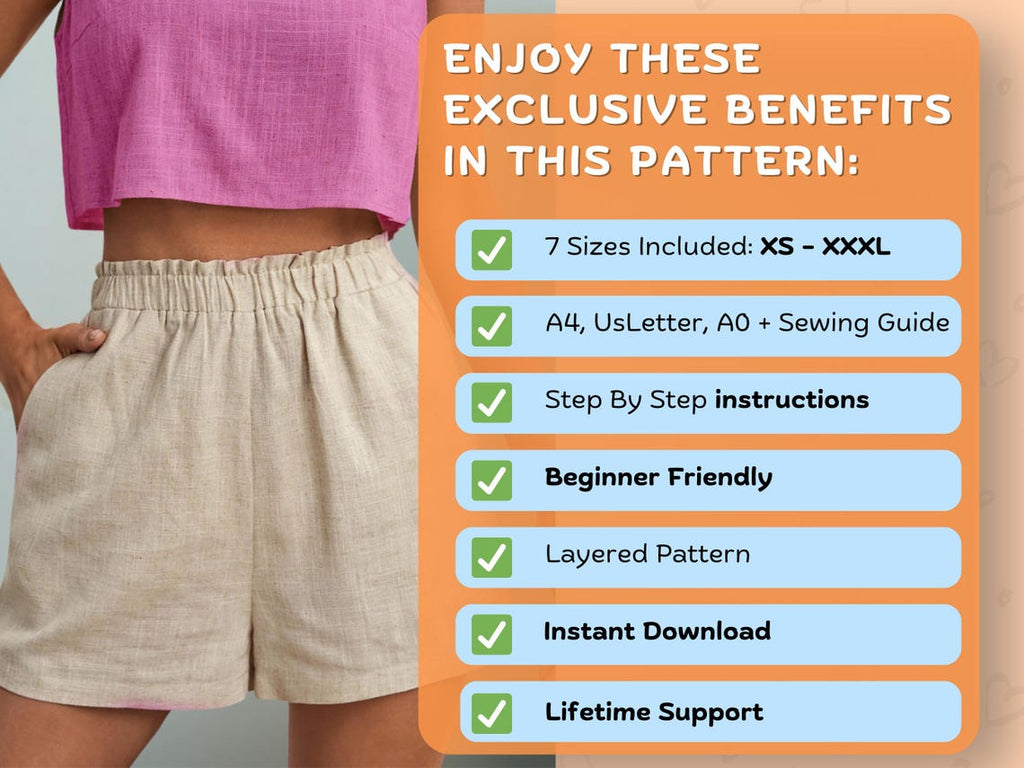 Women’s Shorts Sewing Pattern (PDF Download) – Beginner XS–3XL