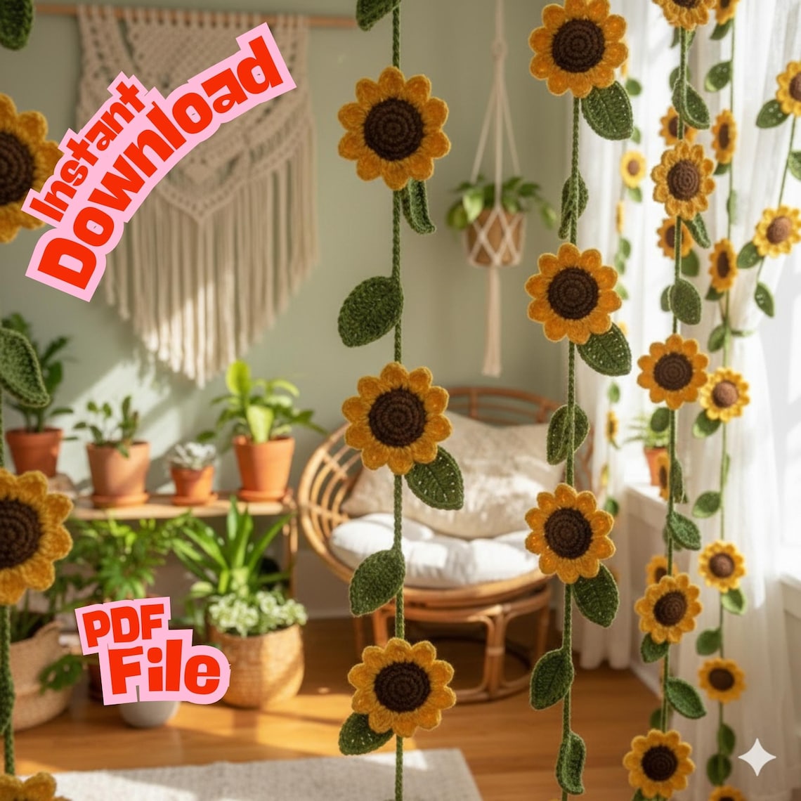 Sunflower Crochet Curtain Pattern Boho Floral Garland (PDF Pattern)