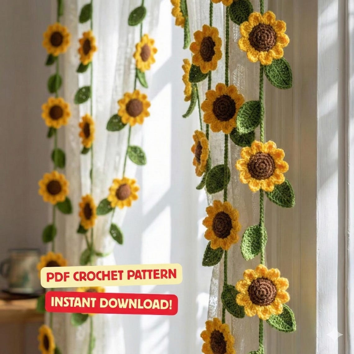 Sunflower Crochet Curtain Pattern Boho Floral Garland (PDF Pattern)