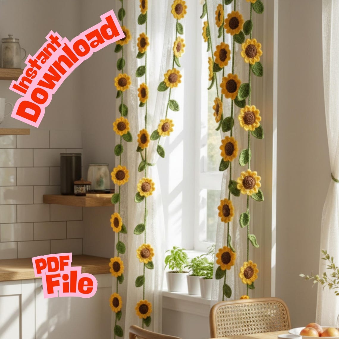 Sunflower Crochet Curtain Pattern Boho Floral Garland (PDF Pattern)