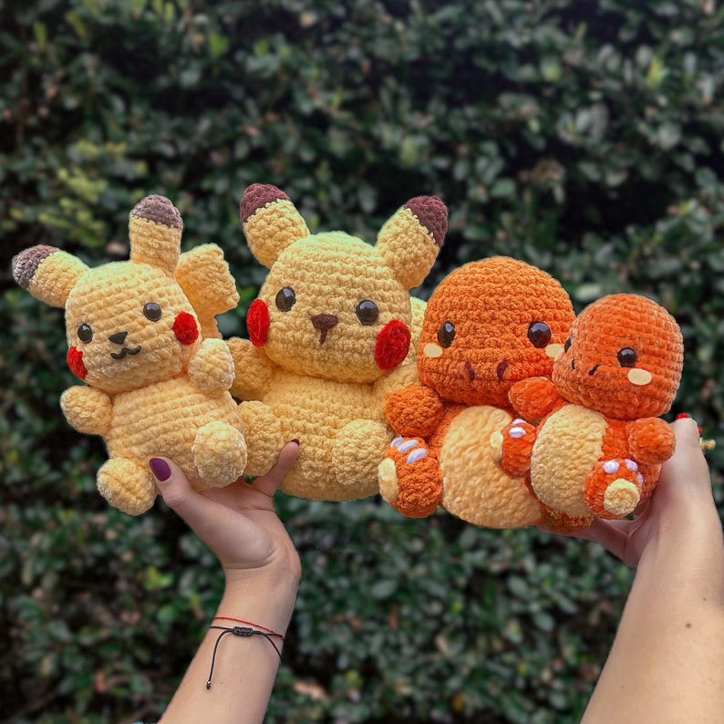 4in1 Pokémon-Inspired Amigurumi Crochet Pattern Bundle - PDF Download - Pikachu, Charmander, Squirtle & Bulbasaur