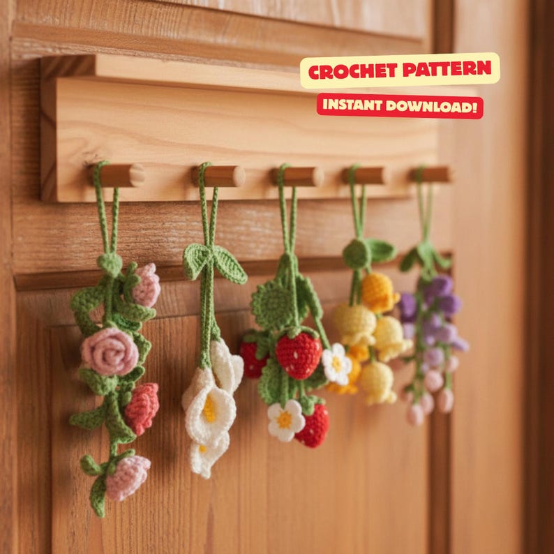 Crochet Flower Keychain Patterns: Roses, Berries, Bell, Wisteria and Calla Lily (PDF Pattern)