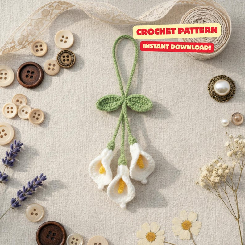 Crochet Flower Keychain Patterns: Roses, Berries, Bell, Wisteria and Calla Lily (PDF Pattern)